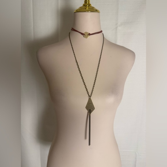 Boho Layered Necklace Set – Geometric Choker & Long Pendant with Tassel - Picture 1 of 7